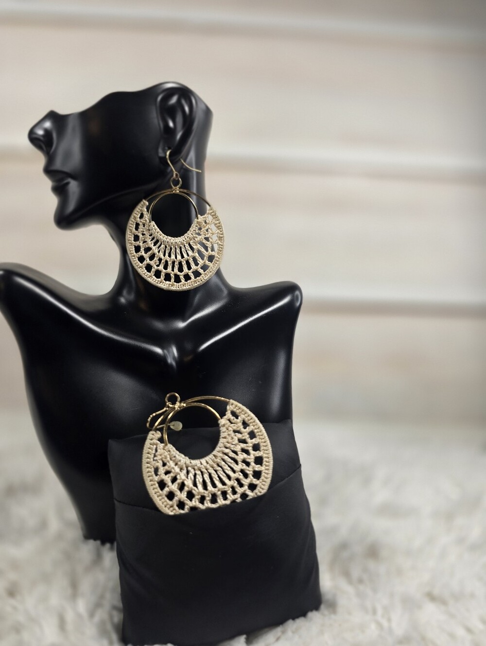 Handcrafted Beige Crochet Hoop Earrings - Women Jewelry